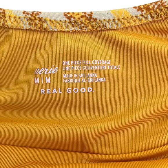 aerie Sz M Twist Front Cut Out One Piece Full Coverage Swimsuit Orange Yellow - Picture 6 of 16